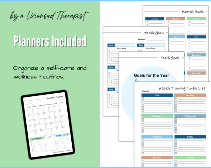 Self Care Planner including Monthly Planner, Monthly Planning To Do List, Weekly Goals, Monthly Goals, Goals for the Year, Yearly Goals
