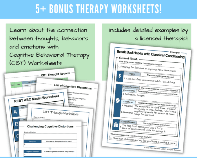 Self Care Planner including 5 Bonus Cognitive Behavioral Therapy (CBT) Worksheets. Includes CBT Triangle, Challenging Cognitive Distortions, List of Cognitive Distortions, REBT ABC Model Worksheet, CBT Thought Record, Break Bad Habits Worksheet
