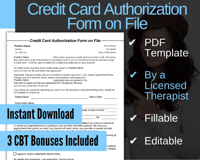 Credit Card Authorization Form, Credit Card on File, for Mental Health, Therapy Practices
