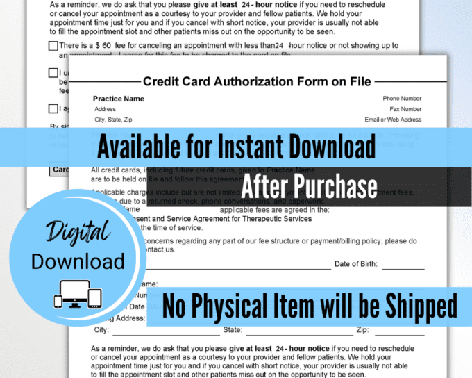 Credit Card Authorization Form, Credit Card on File, for Mental Health, Therapy Practices